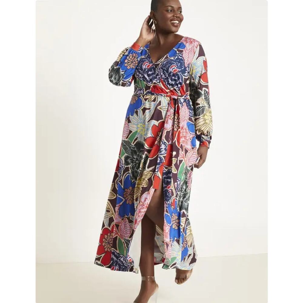 ELOQUII Women's Plus Size Floral Wrap Maxi Dress V-Neck Long Sleeve Size 26 - Picture 1 of 10